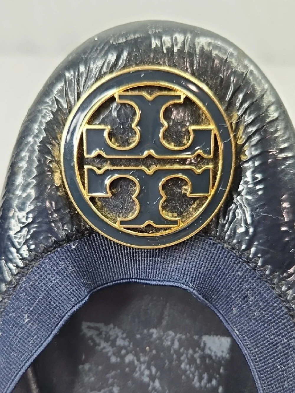 Tory Burch Carolina Navy Blue Patent Leather Logo Ballet Flats Sz 8